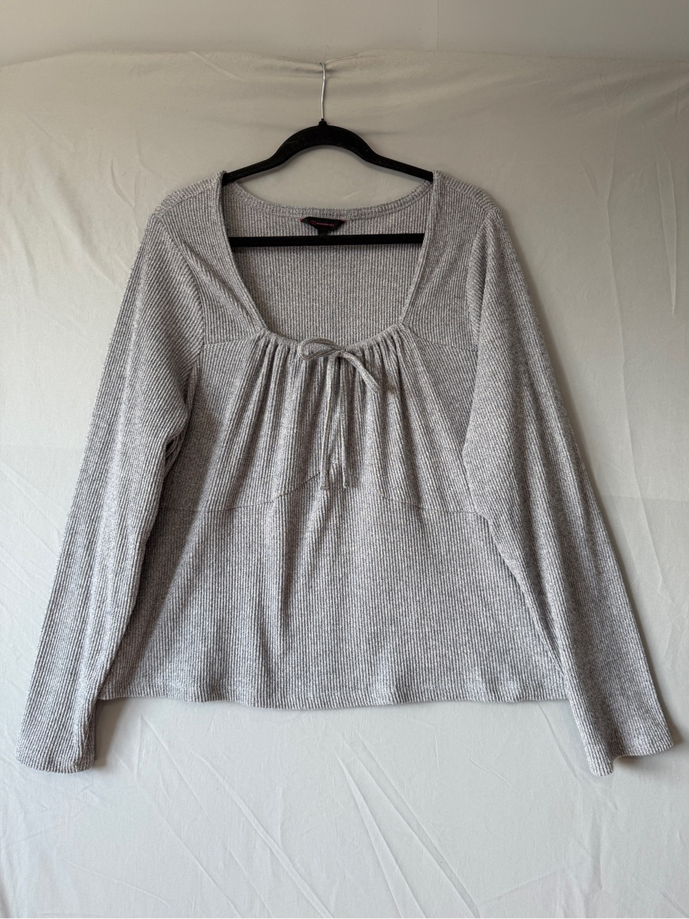 NOBO Womens Babydoll Ribbed Long Sleeve Top 4X Grey Tie Front Casual Stretchy